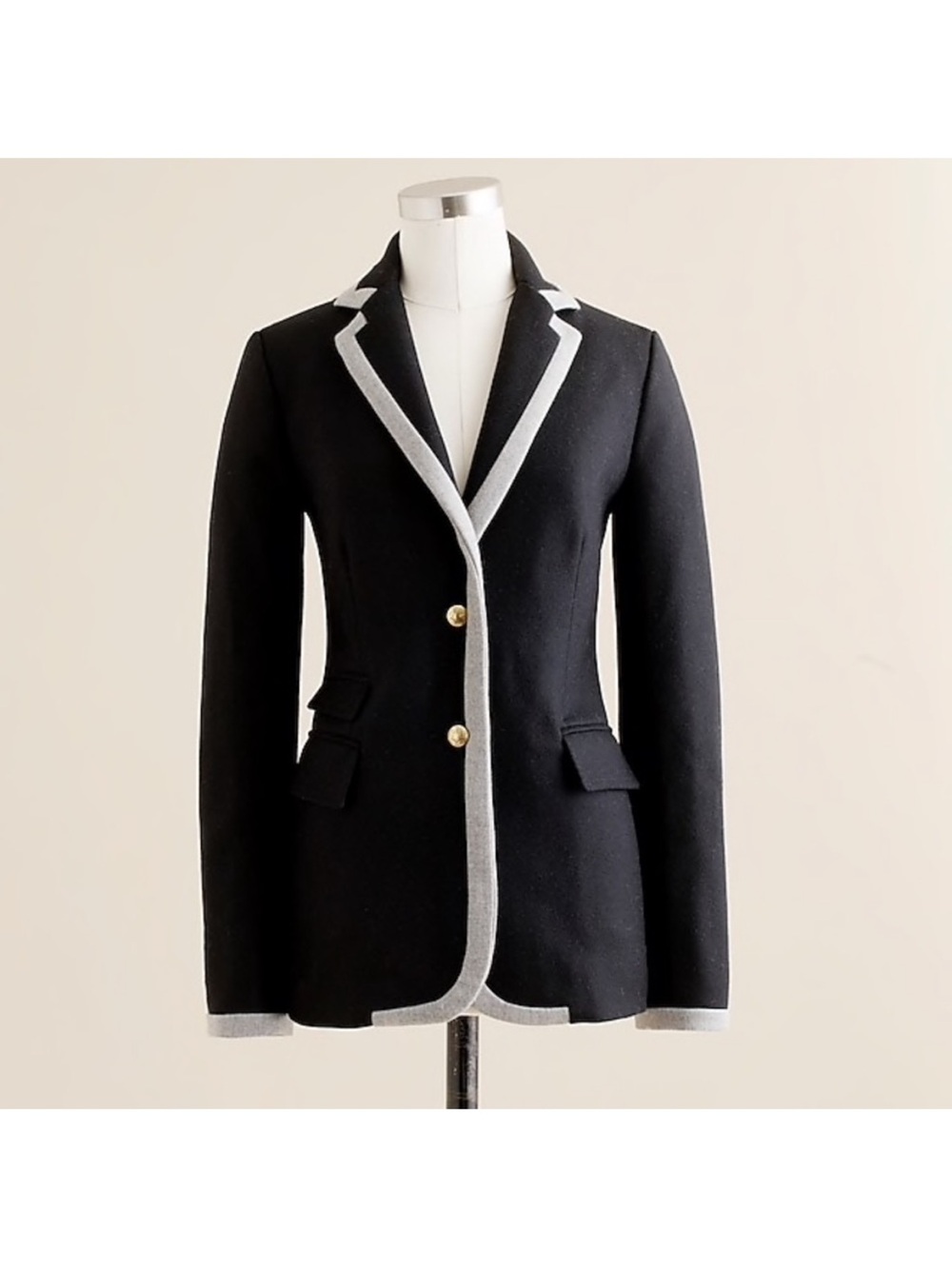 J.Crew Tipped Double Serge Wool Black Blazer Gray Trim Size 0